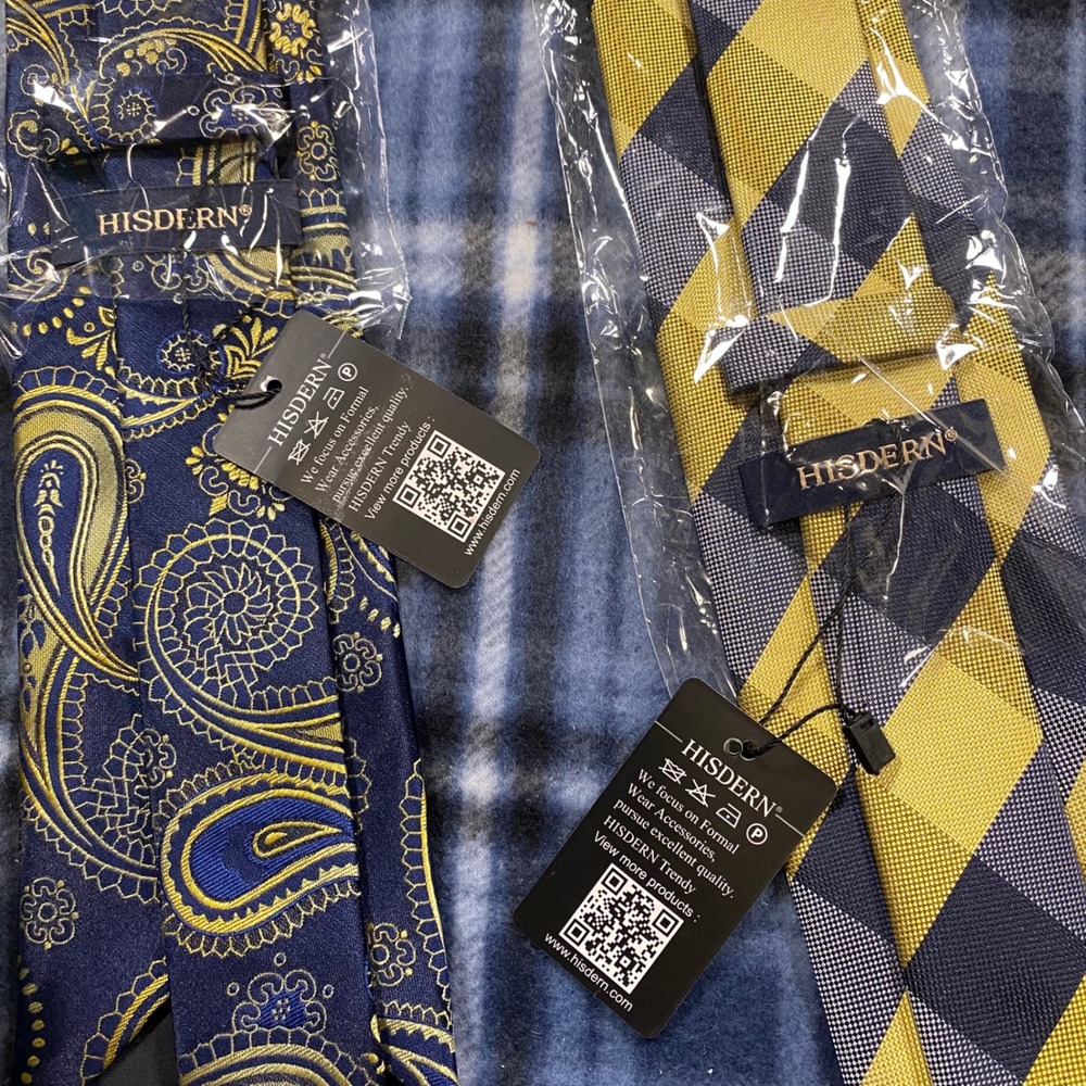 Hisdern Mens Tie Lot 2 Navy Blue Gold Paisley Yellow Plaid Check Neckties NWT - Picture 4 of 4